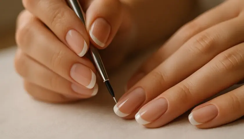 Dłonie z perfekcyjnym francuskim manicure, jedna trzyma pędzelek do zdobień.
